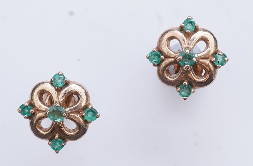 Eight pairs of earrings and pendant, comprising: a pair of onyx studs; a pair of emerald studs; a pair of sapphire and diamond drop earrings; a pair of opal drop earrings; a pair of garnet drop earrings; and a shell pend